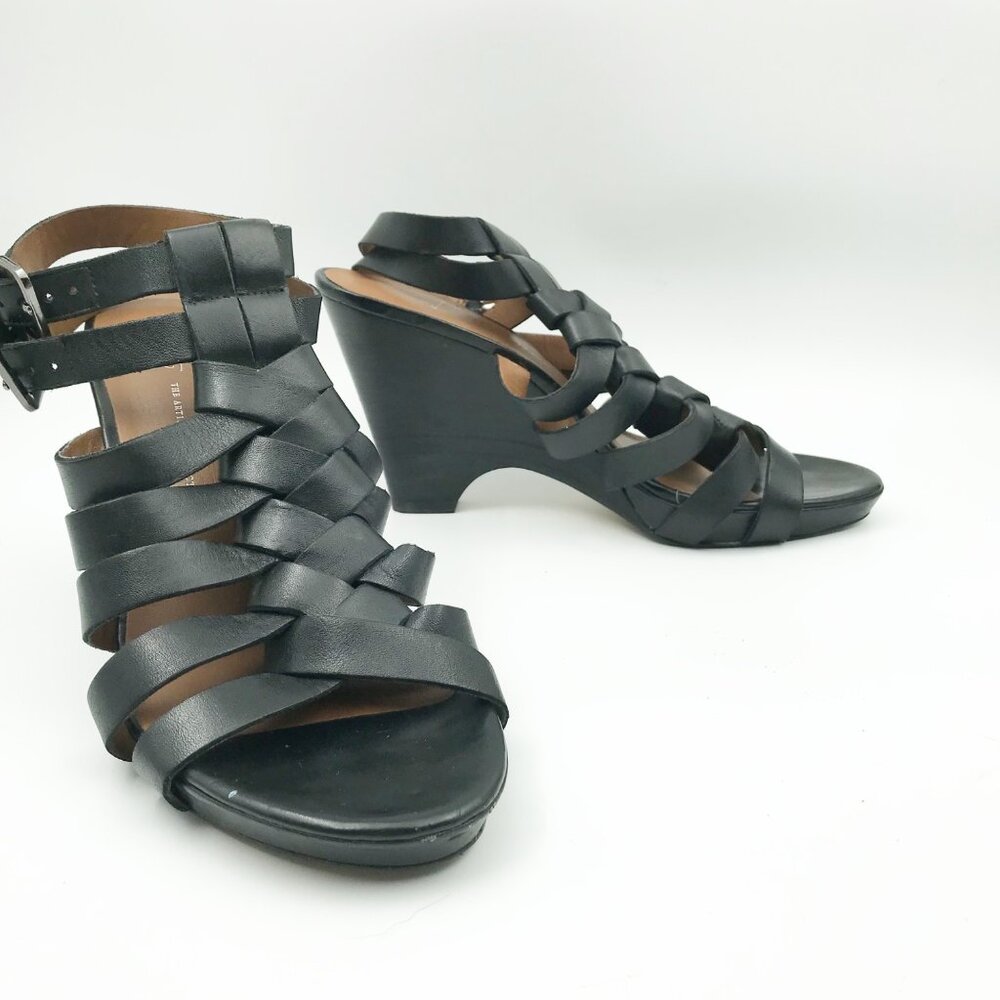 FRANCO SARTO Nikita Black Caged Wedge Heels Leather Strappy Sandals Womens 9